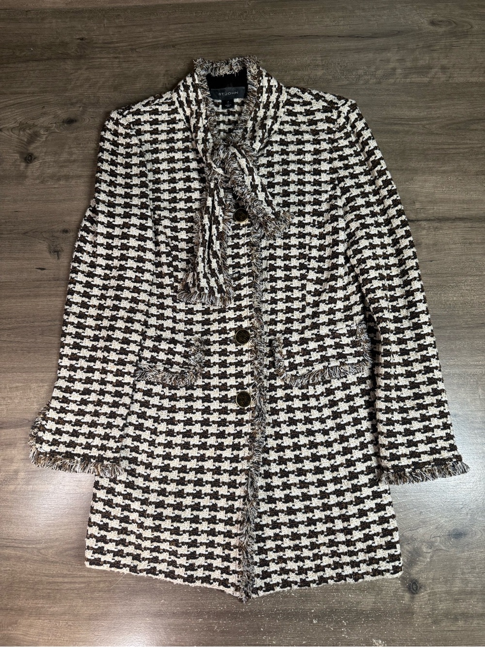 St. John Boucle Tweed Long Topper Jacket Designer Fringe Shawl Collar Made USA 6